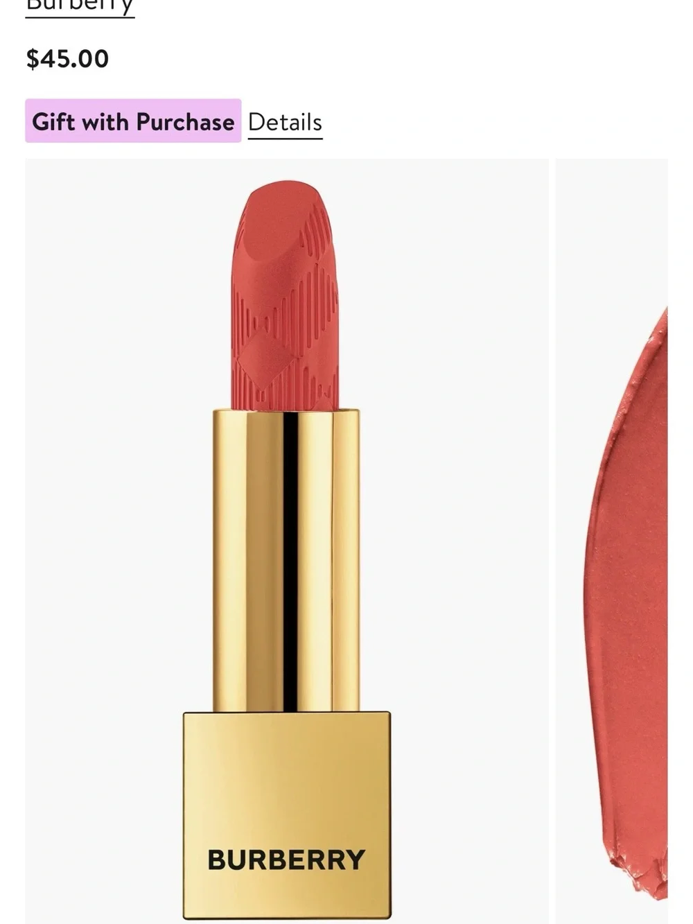 Burberry Matte Lipstick in Deep Peaxh with Gold magnetic lid closing Case